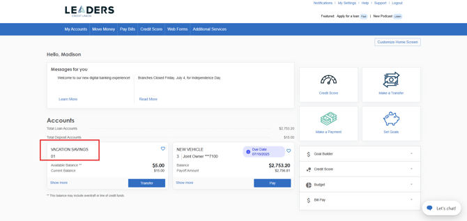 online banking home screen navigation "my accounts" example