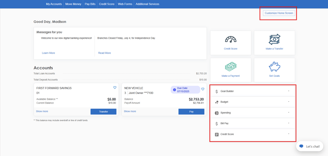 home screen online banking