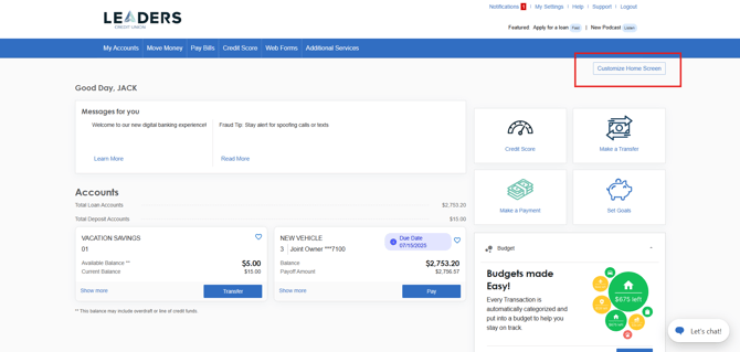 online banking home screen